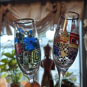 🇦🇹🥂2 champagne flutes by the Austrian artist HUNDERTWASSER Exclusive Edition NIB